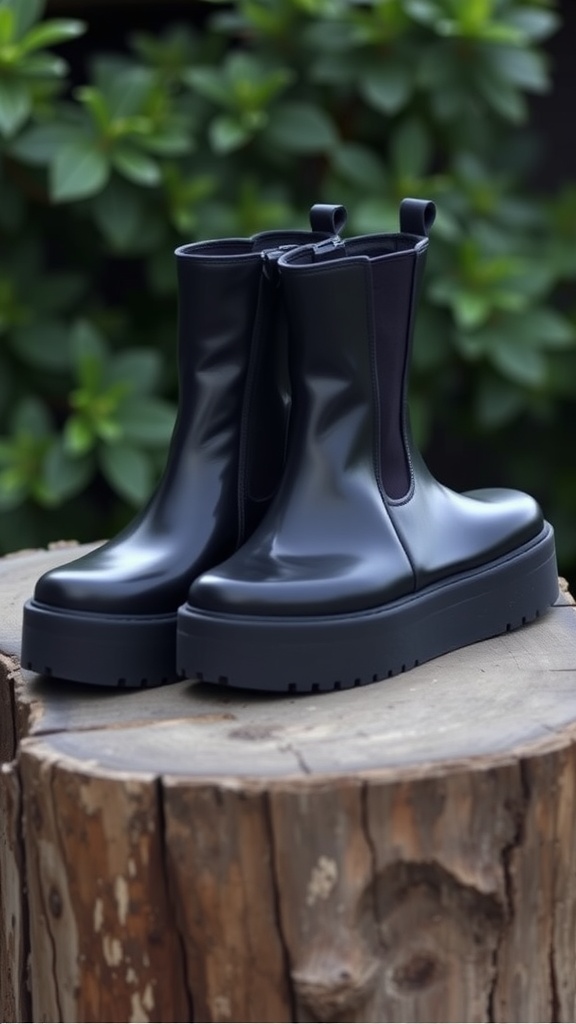 Vegan Felix Platform Chelsea Boots in black leather with a chunky sole on a wooden surface.
